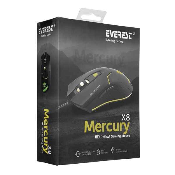 Everest gamer egér - mercury x8  (3200 dpi, 6gomb, 1,8m harisnyázott kábel, optikai, fekete, rgb led)