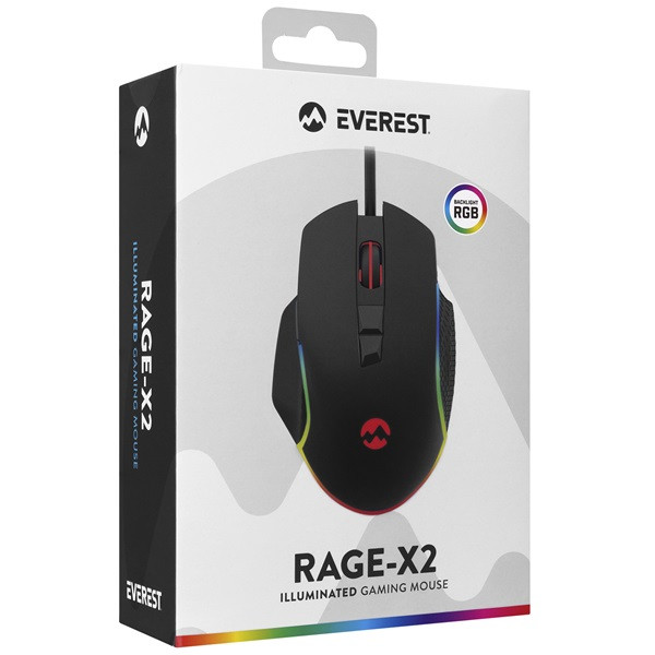 Everest gamer egér - rage-x2  (6400 dpi, 7gomb, 1,5m harisnyázott kábel, optikai, fekete, rgb led)