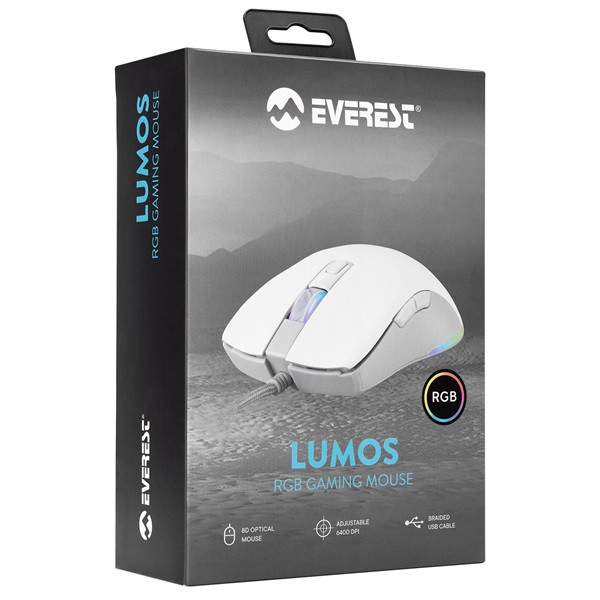 Everest gamer egér - sgm-l1 lumos white (6400 dpi, 8gomb, 1,65m harisnyázott kábel,optikai, fehér, rgb led)