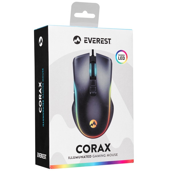 Everest gamer egér - sm-g56 corax  (7200 dpi, 7gomb, 1,5m harisnyázott kábel,optikai, fekete, rgb led)