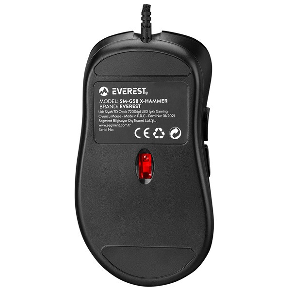 Everest gamer egér - sm-g58 x-hammer  (7200 dpi, 7gomb, 1,5m harisnyázott kábel,optikai, fekete, rgb led)