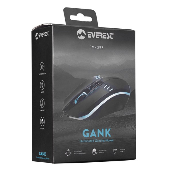 Everest gamer egér - sm-g97 gank  (1400 dpi, 4gomb, 1,5m harisnyázott kábel,optikai, fekete, rgb led)
