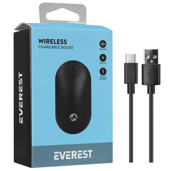 Everest vezeték nélküli egér - smw-399 black rechargeable super quiet (1600 dpi, 3 gomb, optikai, fekete)
