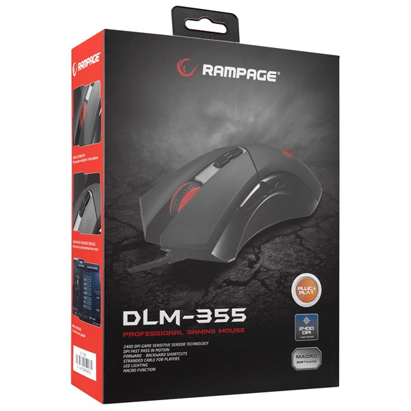 Rampage egér gamer - dlm-355 (2400dpi, 8 gomb, makro, rgb led, 150cm harisnyázott kábel, fekete)