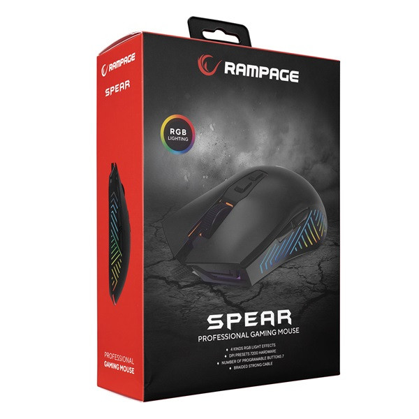 Rampage egér gamer - smx-g68 spear (7200dpi, 7 gomb, makro, rgb led, 1,5m harisnyázott kábel, fekete)