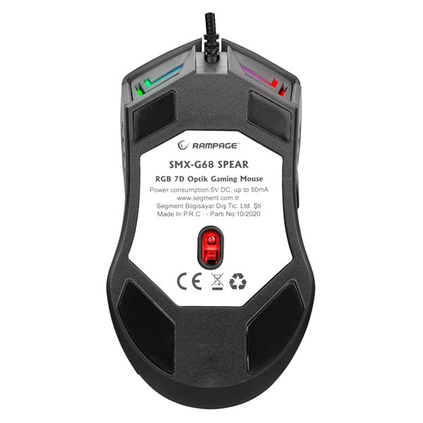Rampage egér gamer - smx-g68 spear (7200dpi, 7 gomb, makro, rgb led, 1,5m harisnyázott kábel, fekete)