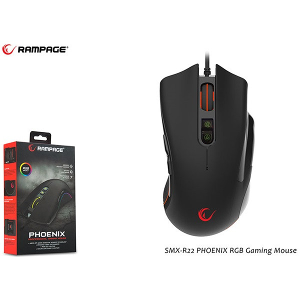Rampage egér gamer - smx-r22 phoenix (4800dpi, 7 gomb, makro, rgb led, 1,6m harisnyázott kábel, fekete)