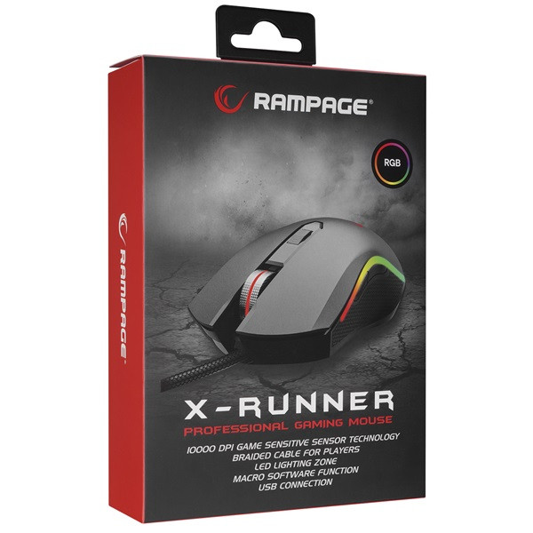 Rampage egér gamer - smx-r79 x-runner (10000dpi, pmw 3327 szenzor, 6 gomb, makro, rgb led, fekete)