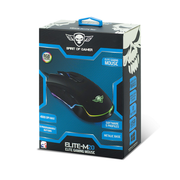 Spirit of gamer egér - elite-m20 (4000dpi, 1000hz, 7 gomb, omron, harisnyázott kábel, fekete)