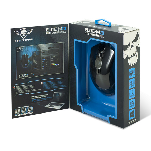 Spirit of gamer egér - elite-m20 (4000dpi, 1000hz, 7 gomb, omron, harisnyázott kábel, fekete)