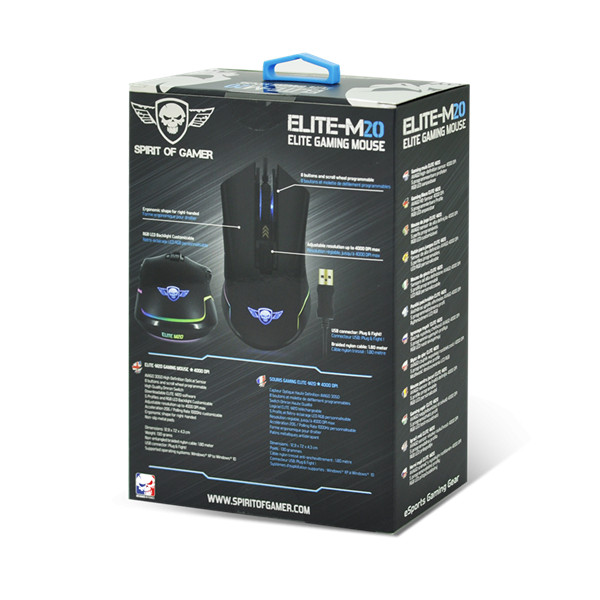 Spirit of gamer egér - elite-m20 (4000dpi, 1000hz, 7 gomb, omron, harisnyázott kábel, fekete)