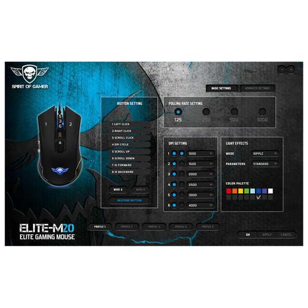 Spirit of gamer egér - elite-m20 (4000dpi, 1000hz, 7 gomb, omron, harisnyázott kábel, fekete)