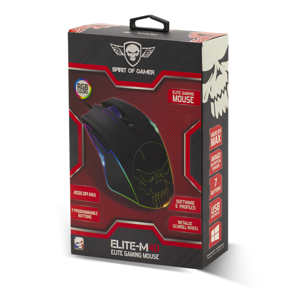 Spirit of gamer egér - elite-m40 (optikai, 4000dpi, 7 gomb, programozható rgb, harisnyázott kábel, fekete)