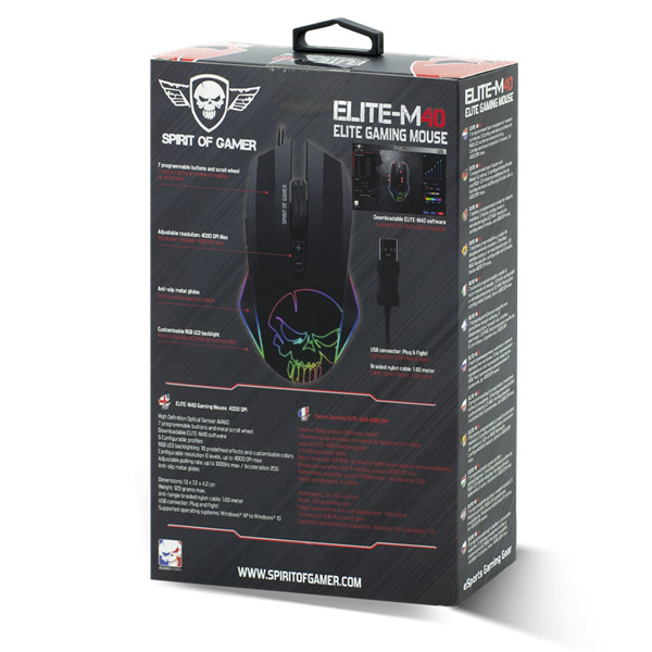 Spirit of gamer egér - elite-m40 (optikai, 4000dpi, 7 gomb, programozható rgb, harisnyázott kábel, fekete)