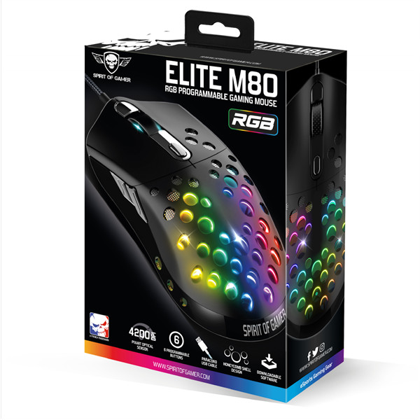 Spirit of gamer egér - elite-m80 (optikai, 4200dpi, 6 gomb, harisnyázott kábel, fekete)