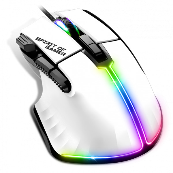 Spirit of gamer egér - pro-m5 arctic (optikai, 12800dpi, 1000hz, 8 gomb, harisnyázott kábel, fehér)