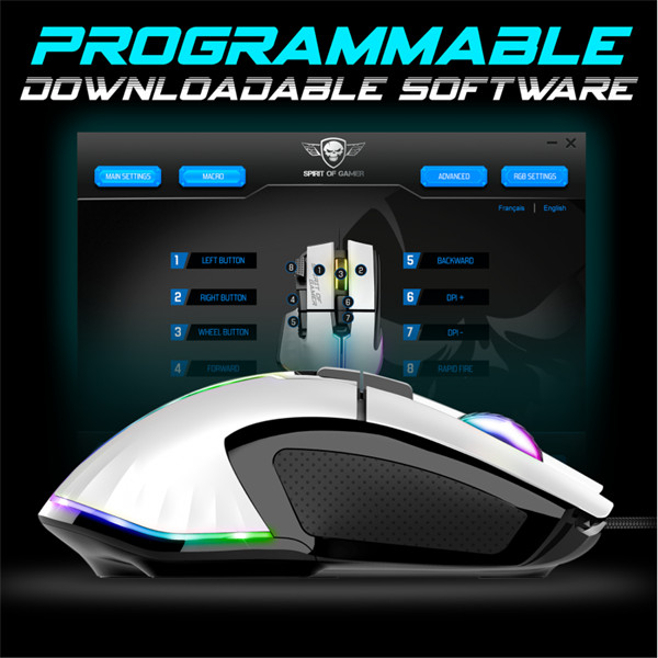 Spirit of gamer egér - pro-m5 arctic (optikai, 12800dpi, 1000hz, 8 gomb, harisnyázott kábel, fehér)
