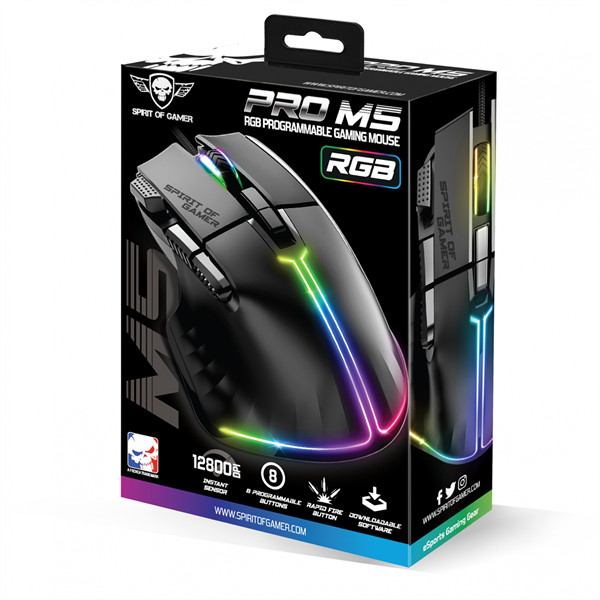 Spirit of gamer egér - pro-m5 rgb (optikai, 12800dpi, 1000hz, 8 gomb, harisnyázott kábel, fekete)