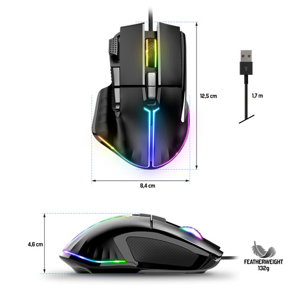 Spirit of gamer egér - pro-m5 rgb (optikai, 12800dpi, 1000hz, 8 gomb, harisnyázott kábel, fekete)