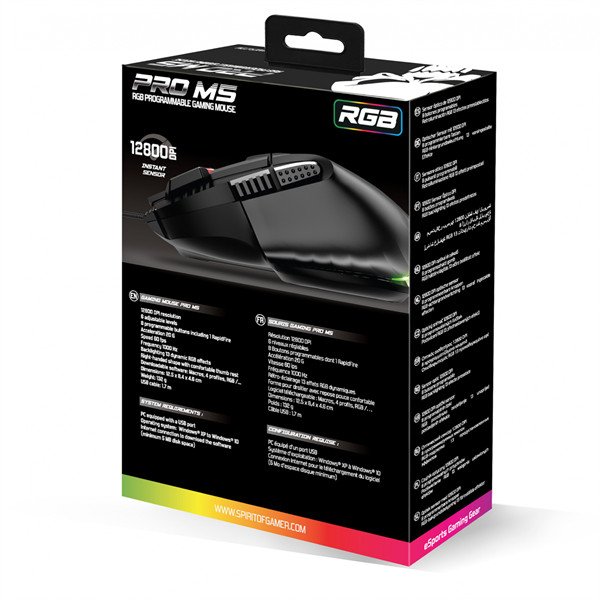 Spirit of gamer egér - pro-m5 rgb (optikai, 12800dpi, 1000hz, 8 gomb, harisnyázott kábel, fekete)