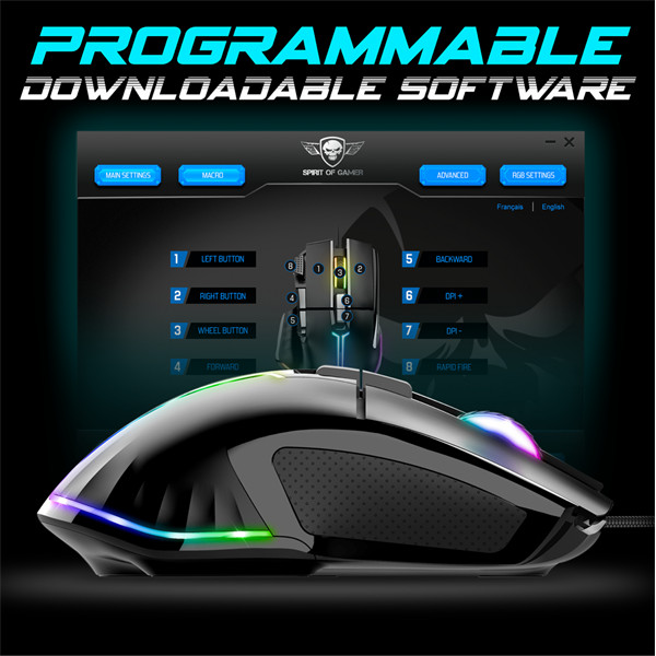 Spirit of gamer egér - pro-m5 rgb (optikai, 12800dpi, 1000hz, 8 gomb, harisnyázott kábel, fekete)