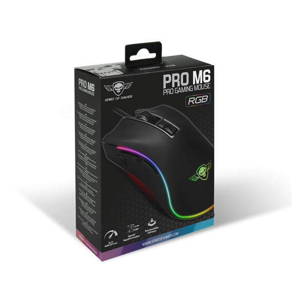 Spirit of gamer egér - pro-m6 rgb (4800dpi, 500hz, 8 programozható gomb, rgb led, 1,8 m harisnyázott kábel, fekete)