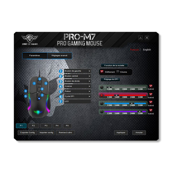 Spirit of gamer egér - pro-m7 (optikai, 4800dpi, 7 gomb, programozható rgb, harisnyázott kábel, fekete)