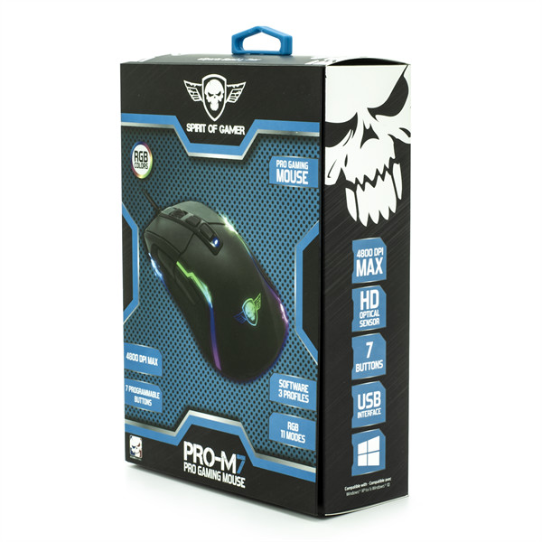 Spirit of gamer egér - pro-m7 (optikai, 4800dpi, 7 gomb, programozható rgb, harisnyázott kábel, fekete)
