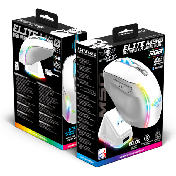 Spirit of gamer egér vezeték nélküli  - elite-m50 white (optikai, 8000dpi, 1000hz, 6 programozható gomb, rgb, fehér)