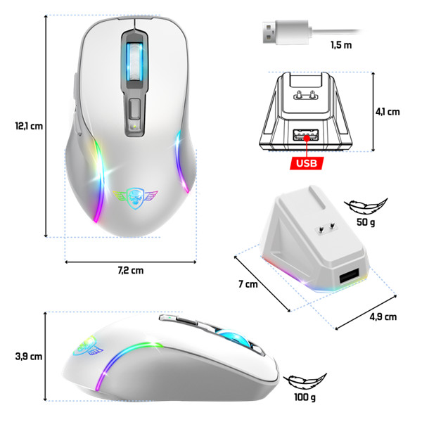 Spirit of gamer egér vezeték nélküli  - elite-m50 white (optikai, 8000dpi, 1000hz, 6 programozható gomb, rgb, fehér)