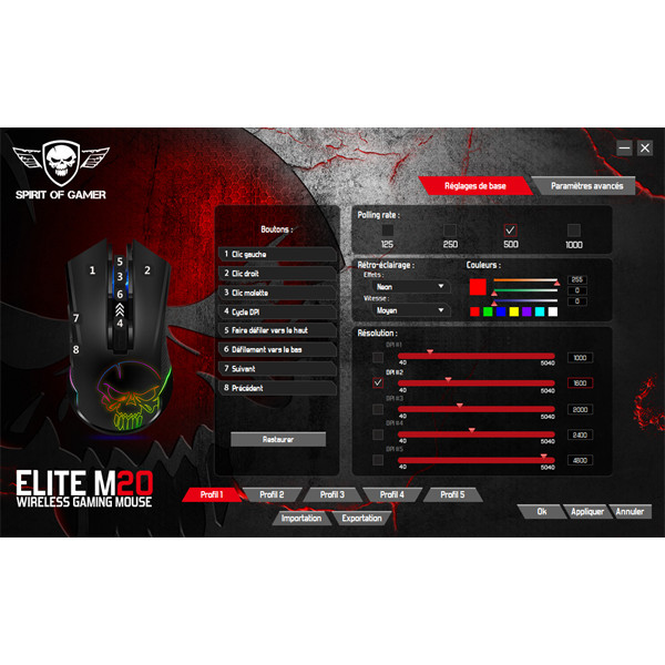 Spirit of gamer egér vezeték nélküli - elite-m20 wireless (4800dpi, 1000hz, 6 gomb, omron, harisnyázott kábel, fekete)