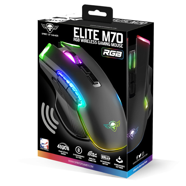 Spirit of gamer egér vezeték nélküli - elite-m70 (optikai, 4800dpi, 8 programozható gomb, max.: 10m, fekete)