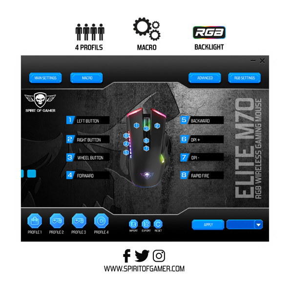 Spirit of gamer egér vezeték nélküli - elite-m70 (optikai, 4800dpi, 8 programozható gomb, max.: 10m, fekete)