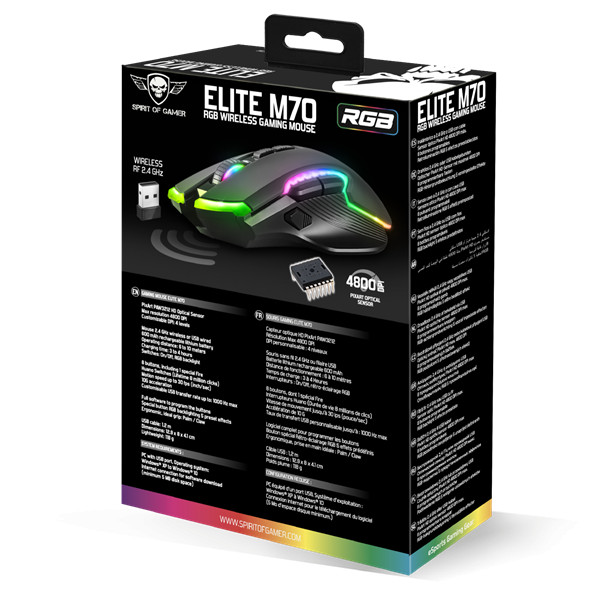 Spirit of gamer egér vezeték nélküli - elite-m70 (optikai, 4800dpi, 8 programozható gomb, max.: 10m, fekete)