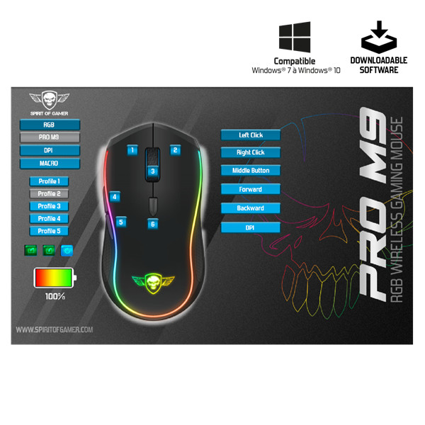 Spirit of gamer egér vezeték nélküli - pro-m9 (optikai, 4200dpi, 6 programozható gomb, max.: 10m, fekete)