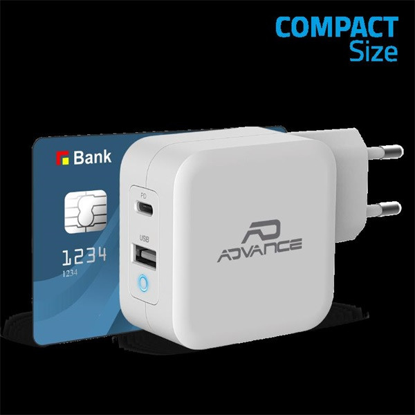 Advance telefon töltő adapter - powerflex turbo 65w (usb-c+usb-a, 65w, fehér)