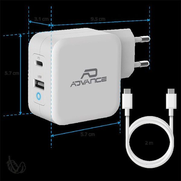 Advance telefon töltő adapter - powerflex turbo 65w (usb-c+usb-a, 65w, fehér)