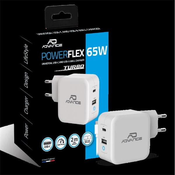 Advance telefon töltő adapter - powerflex turbo 65w (usb-c+usb-a, 65w, fehér)