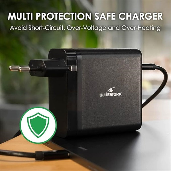Bluestork hálózati töltő - pw-nb-65-c (usb-c, usb-a, 65w, 1.8m kábel, fekete)