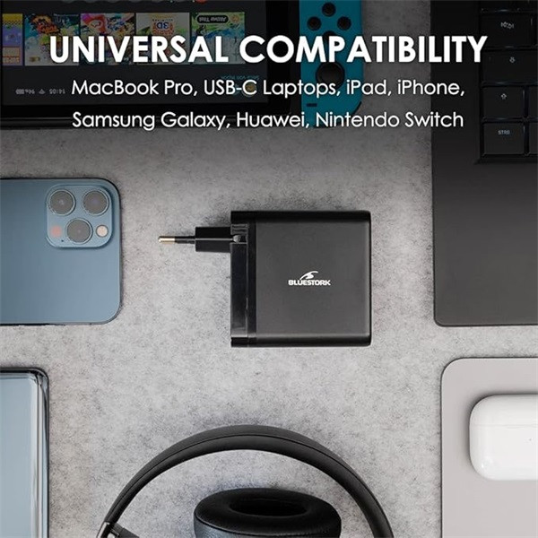 Bluestork hálózati töltő - pw-nb-65-c (usb-c, usb-a, 65w, 1.8m kábel, fekete)