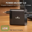Bluestork hálózati töltő - pw-nb-65-c (usb-c, usb-a, 65w, 1.8m kábel, fekete)