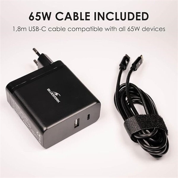 Bluestork hálózati töltő - pw-nb-65-c (usb-c, usb-a, 65w, 1.8m kábel, fekete)