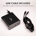 Bluestork hálózati töltő - pw-nb-65-c (usb-c, usb-a, 65w, 1.8m kábel, fekete)