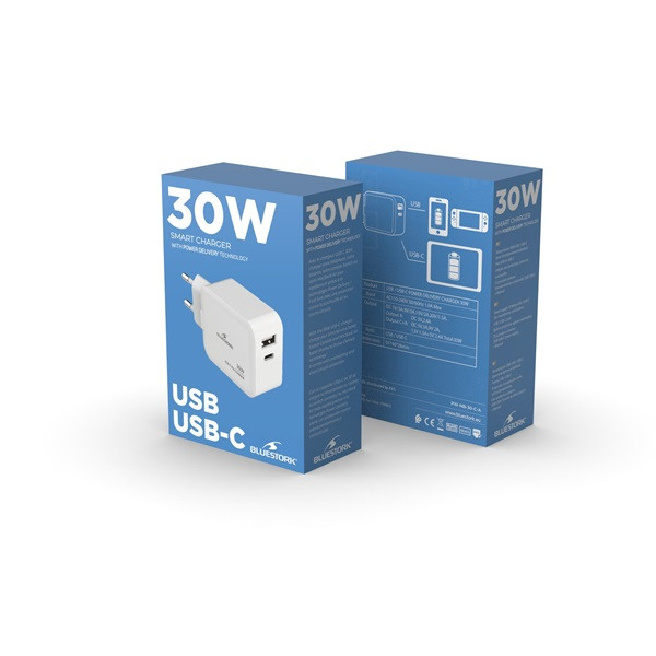 Bluestork telefon töltő - pw-nb-30-c-a/2 (usb-c, usb-a, 30w, fehér)