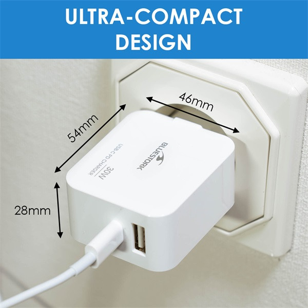 Bluestork telefon töltő - pw-nb-30-c-a/2 (usb-c, usb-a, 30w, fehér)