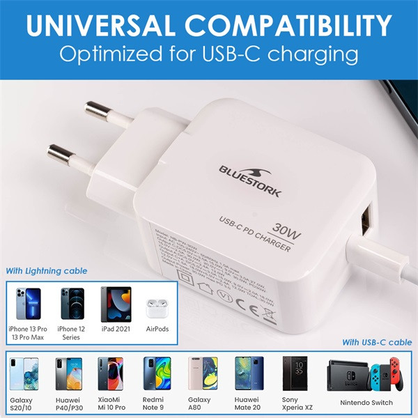 Bluestork telefon töltő - pw-nb-30-c-a/2 (usb-c, usb-a, 30w, fehér)
