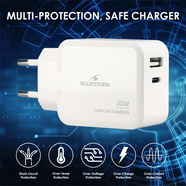 Bluestork telefon töltő - pw-nb-30-c-a/2 (usb-c, usb-a, 30w, fehér)