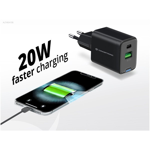 Conceptronic telefon töltő adapter - althea15b (usb-c+usb-a, 20w, fekete)
