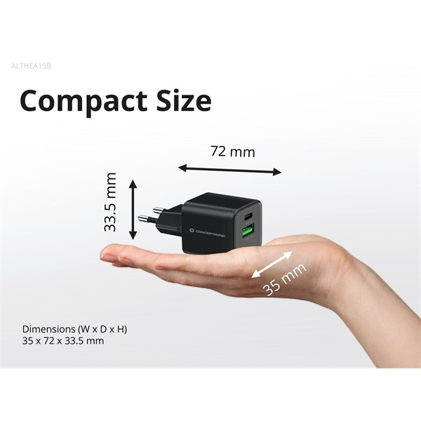 Conceptronic telefon töltő adapter - althea15b (usb-c+usb-a, 20w, fekete)