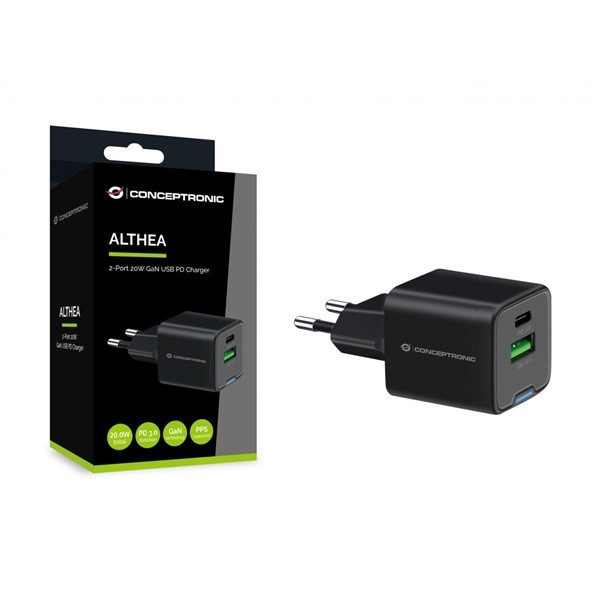 Conceptronic telefon töltő adapter - althea15b (usb-c+usb-a, 20w, fekete)